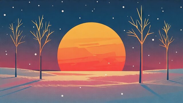 Landscape with the sun rising above the horizon on the shortest day of the year, the winter solstice