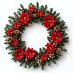 A classic christmas wreath with dark green artificial pine red poinsettia flowers with golden accents red berries and brown pinecones isolated on a transparent background with copy space garlands