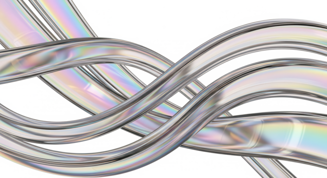 Abstract iridescent silver ribbons intertwined in a fluid dynamic wave pattern isolated on transparent background