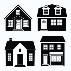 Fototapeta premium Collection of four stylized black and white vector house illustrations with distinct architectural styles