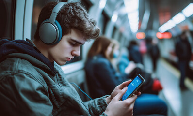 Young man in subway train deeply absorbed in smartphone, wearing wireless headphones, symbolizing social media addiction and digitalization. Lost in screens emphasizing disconnection in modern society