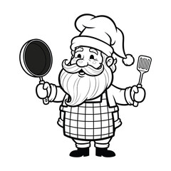 Cute cartoon Santa wearing an apron and holding a frying pan in playful black and white vector silhouette style
