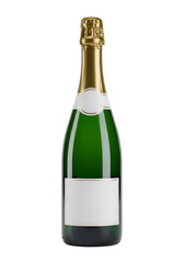green bottle of champagne with blank white label, glitter and red christmas stars, isolated on white or transparent background. PNG