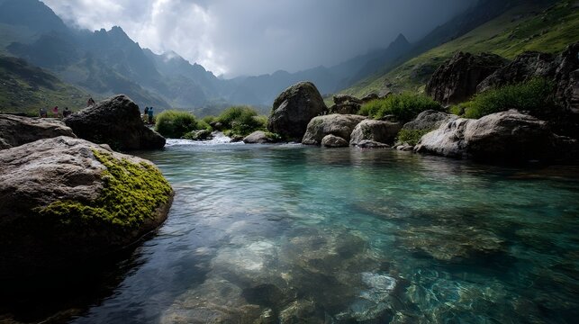 A pristine mountain river flows through a rocky moss covered landscape under a dramatic cloudy sky