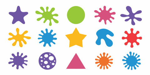 Collection of colorful abstract shapes and paint splatters on a white background