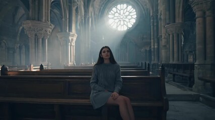 Emotional moment in ancient church with sunlight streaming through - Powered by Adobe