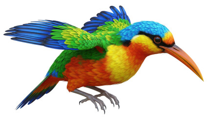 Fototapeta premium Vibrant rainbow colored hummingbird with outstretched wings and long beak in motion isolated on transparent background