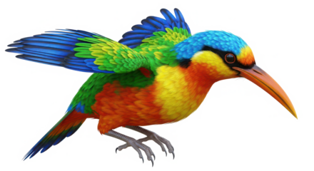 Vibrant rainbow colored hummingbird with outstretched wings and long beak in motion isolated on transparent background