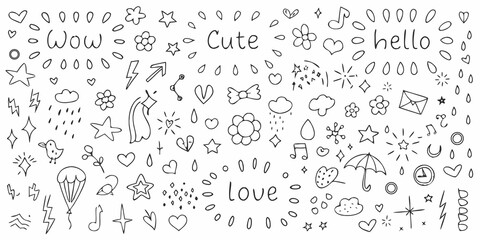Collection of cute hand drawn doodle elements including words like wow cute love hello stars hearts and flowers