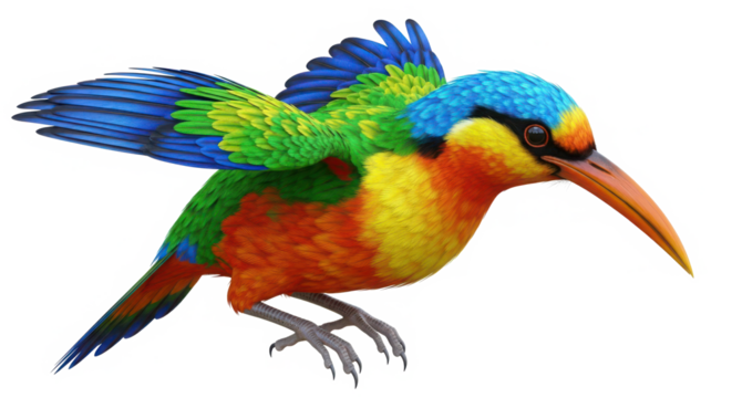 Vibrant rainbow colored hummingbird with outstretched wings and long beak in motion isolated on transparent background