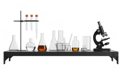 Laboratory glassware and microscope isolated on a transparent background
