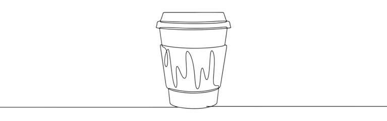 Continuous one line drawing of a disposable coffee cup with a sleeve, symbolizing a takeaway drink, coffee break, or morning routine.