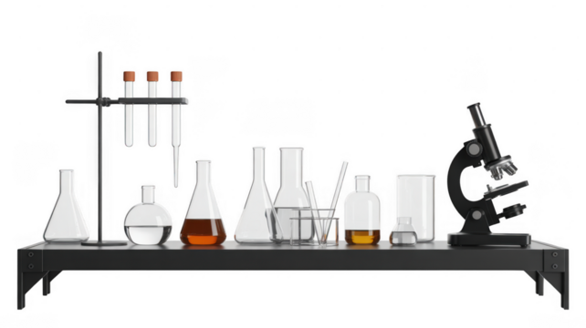 Laboratory glassware and microscope isolated on a transparent background