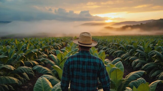 Farmer watching sunset over tobacco field in rural landscape