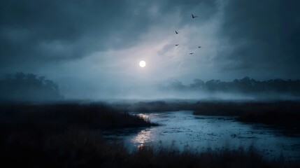 Moonlit marsh landscape shrouded in mist with birds flying overhead and calm water