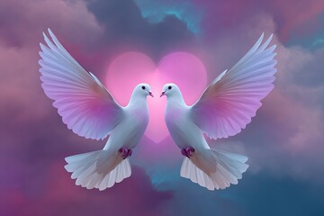 Obraz premium Two White Doves Facing Each Other with a Heart Shaped Background