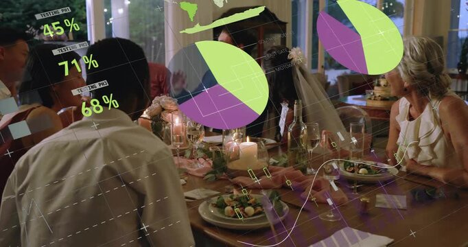 As camera holding on wedding table, couple raising glass while AR charts animating around guests