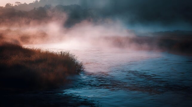 Ethereal misty river at dawn with soft warm sunlight diffusing through the fog rising over the tranquil blue toned water and reeds
