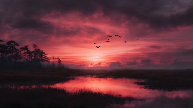 A dramatic crimson sunset casts vibrant colors over a serene wetland with a flock of birds silhouetted in flight