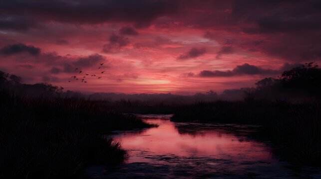 Dramatic crimson sunset over a serene wetland landscape with birds flying overhead