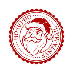 Red round seal stamp with Santa Claus effect texture. Isolated on white background. New Year and Christmas design. Vector illustration.
