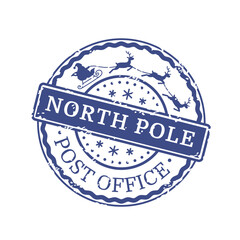 Blue round seal stamp North Pole post office effect texture. Santa Claus in a sleigh with reindeer. Isolated on a white background. New Year and Christmas design. Vector illustration.