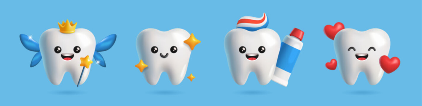 Set of happy 3D teeth. Cute dental characters with toothpaste, hearts and stars. Tooth mascots for logos. Dentistry and Oral Health. Realistic vector illustration collection