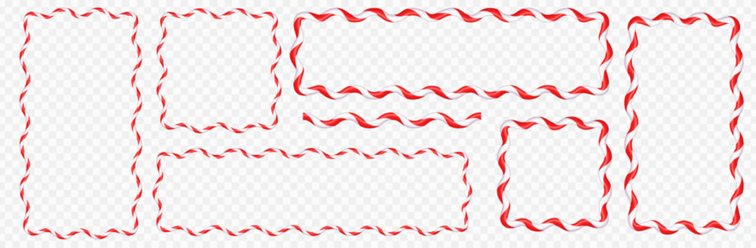 Wavy red and white candy cane frames in scallop and square shapes. Festive Christmas border set for New Year label, sweet template, holiday decoration and vector design on white background