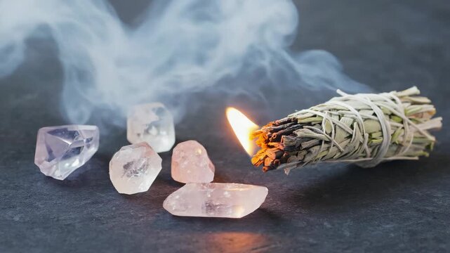 Smudging herbs with crystals for cleansing and healing