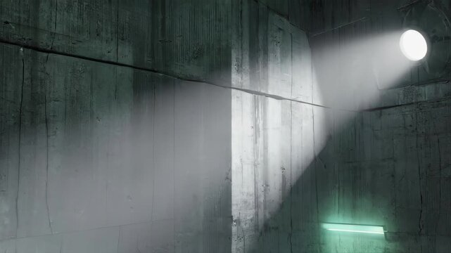 dark industrial concrete wall, single spotlight, grunge atmosphere, abandoned warehouse mood, cinematic lighting, dystopian background