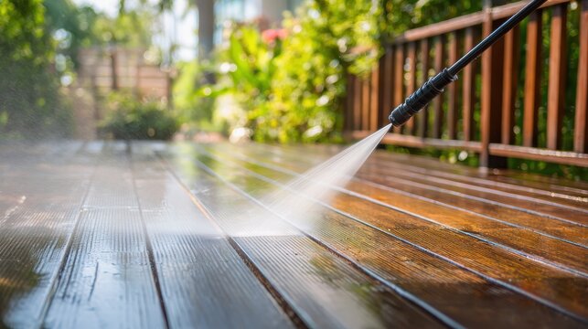 Close-up of a Pressure Washer Spraying Water on a Wooden Deck Surrounded by Lush Greenery in a Bright Outdoor Environment