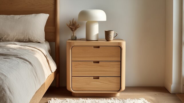 modern oak bedside table with drawers and mushroom lamp in natural light
