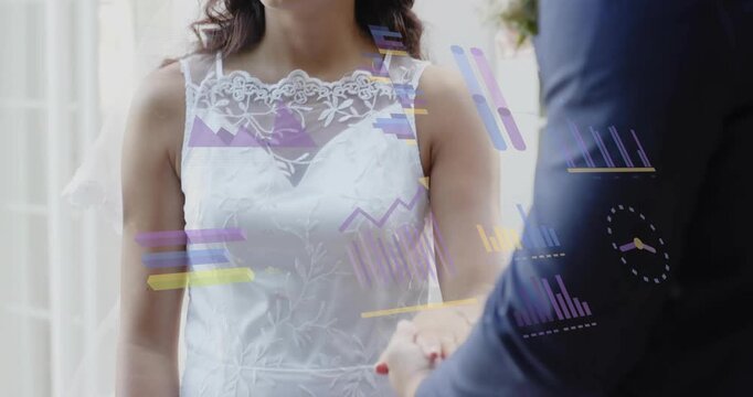 Bride offering smile groom reaching hand as animated chart overlay showing wedding ring exchange