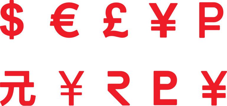 Collection of global currency symbols including dollar, euro, pound, yen, ruble, and yuan icons