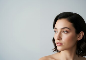 Elegant Short-Haired Woman Looking Right – Minimal Beauty Portrait