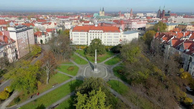 Aerial view of park in front of Bishop's Curia in Legnica, Lowers Silesia, Poland