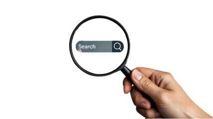 Hand holding magnifying glass focusing on search bar isolated on white background
