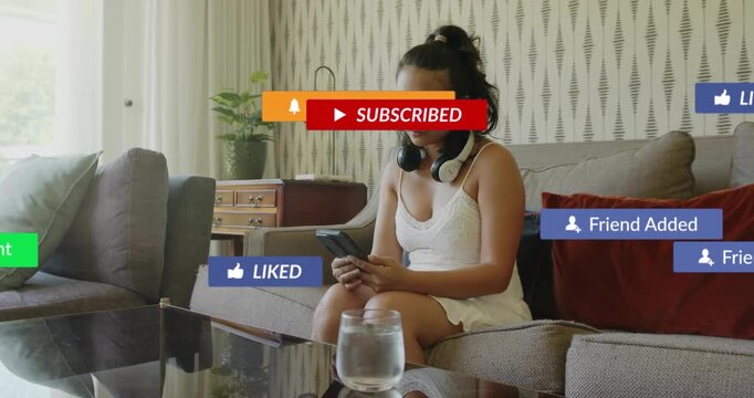 Woman scrolling smartphone in home tapping tech app subscribe prompt and activating confirmations