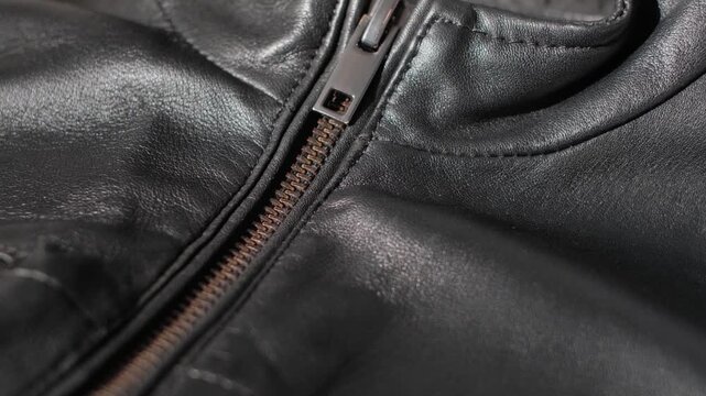 Black genuine leather jacket with a metal zipper, close-up