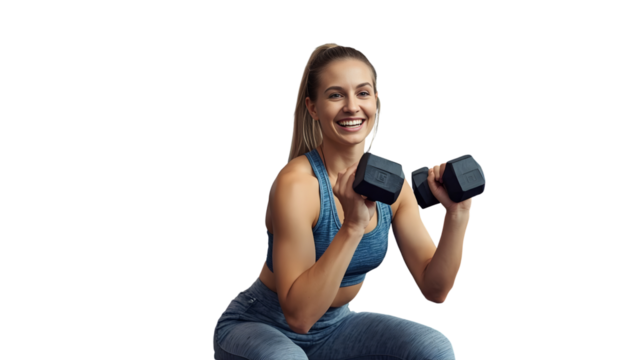 Happy Young Woman Training with Dumbbells Indoors