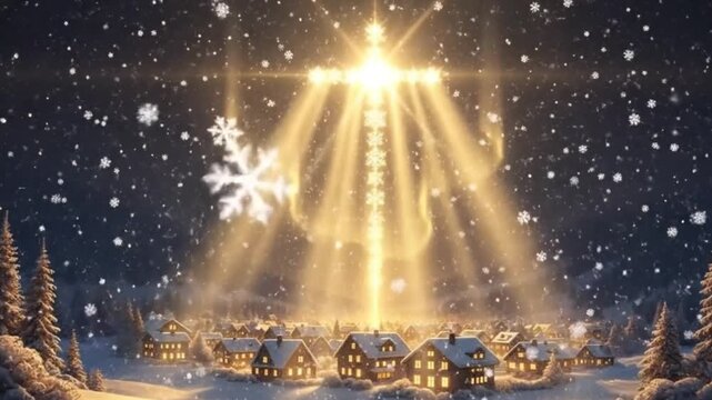 Glowing Cross Over Winter Village at Night &ndash; Peaceful Christmas Lights and Snowfall 4K Video

