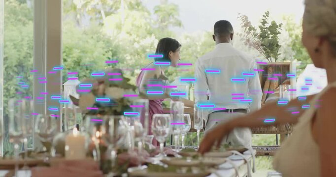 Friends arriving garden-side, initiating hospitality setup with animated icons guiding tableware