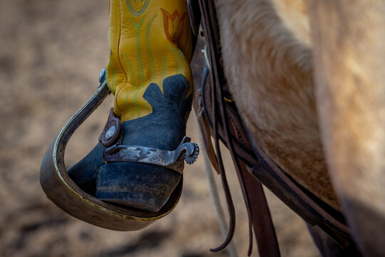 Cowboy boot in stirrup on a western horse during a sunny day in an open ranch setting