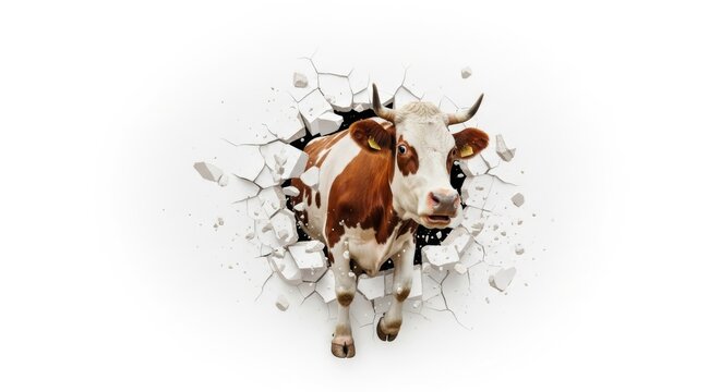 A cow busting or breaking through a wall on a solid white background, animal photo