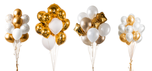 A bunch of white and gold balloons isolated on transparent background