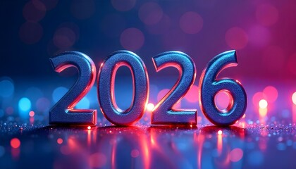 Chrome 3D 2026 numbers illuminated by vibrant pink and blue neon on a sparkling floor.