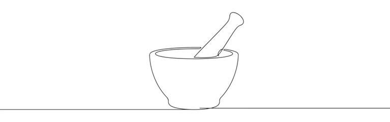 Continuous one line drawing of a mortar and pestle, symbolizing traditional medicine, pharmacy, cooking, and grinding ingredients.