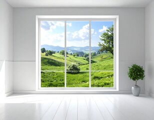 Fototapeta premium A bright interior scene with a large window showcasing a vibrant green landscape of rolling hills, trees, and a blue sky
