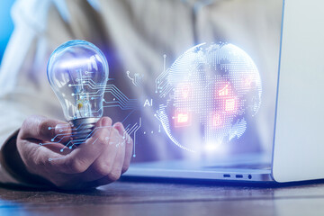 Exploring innovative technology with artificial intelligence and global connectivity in a modern workspace