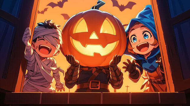 Three anime characters halloween costumes, mummy, vampire, pumpkin. boo